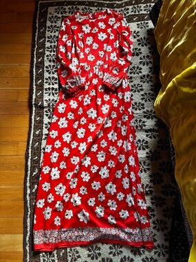 Vintage Orange/Red Floral Long-Sleeve Maxi Dress